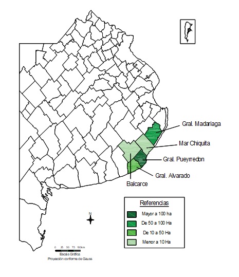 Partidos del Sudeste Bonaerense 
      según superficie implantada con kiwi