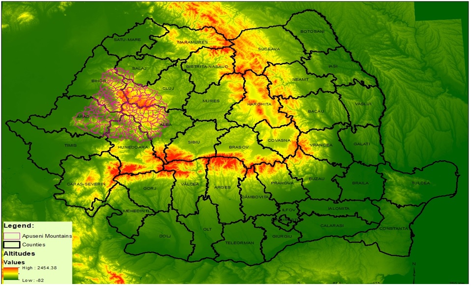The geographical position  of the Apuseni Mountains.