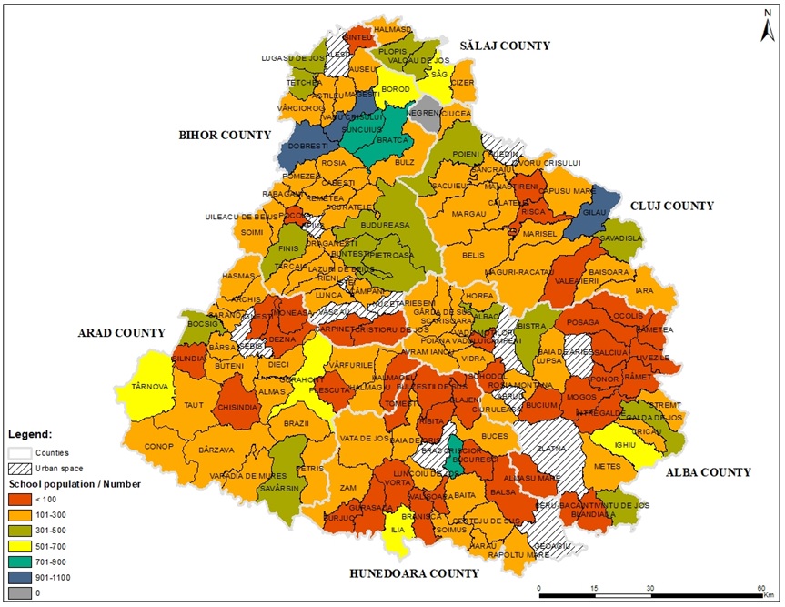 Distribution of the school population in the rural  area of the Apuseni Mountains in 2017.
