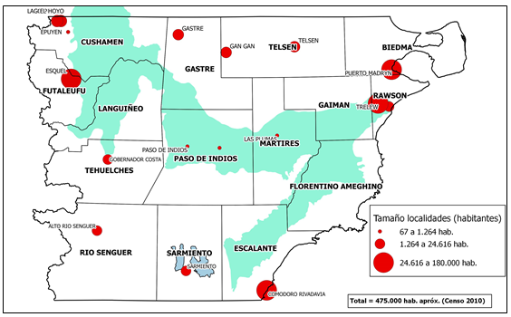 Departamentos, localidades y cuenca  del río Chubut.