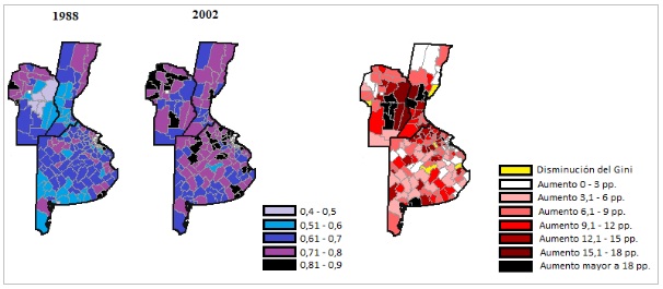 Figura 2. Índice de Gini de  distribución de la superficie ocupada por las EAP sobre bases adecuadas y su  variación, según departamento/partido. 1988/2002.