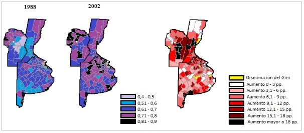 Figura 3. Índice de Gini de  distribución de la superficie sembrada en áreas agrícolas sobre bases adecuadas y su variación, según departamento/partido. 1988/2002.