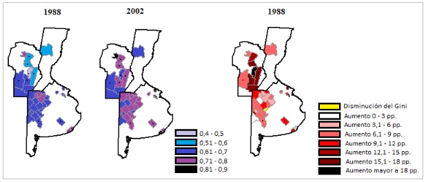 Figura 4. Índice de Gini de  distribución del rodeo vacuno en zona  de invernada sobre bases adecuadas y  su variación, según departamento/partido. 1988/2002.