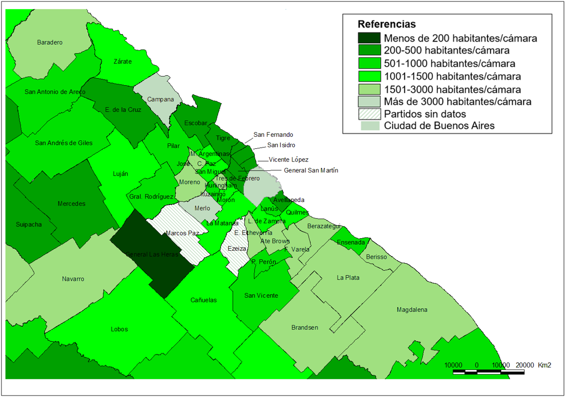 Número de habitantes por
cámara en los municipios del Gran Buenos Aires.