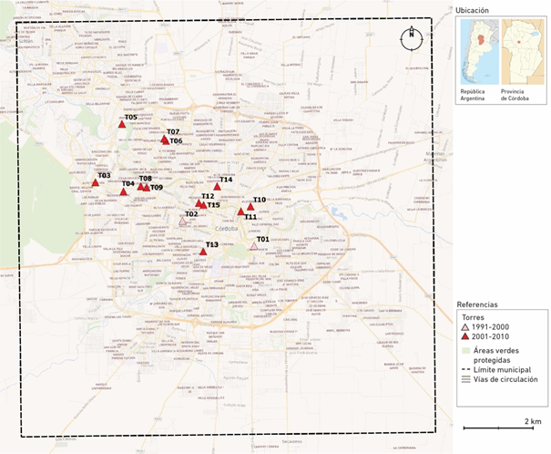  Localización de las torres en el Municipio de Córdoba según
período (1991-2010)