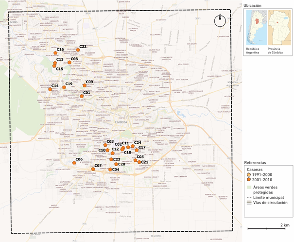 Localización de las Casonas en el Municipio de Córdoba
    según período (1991-2010)