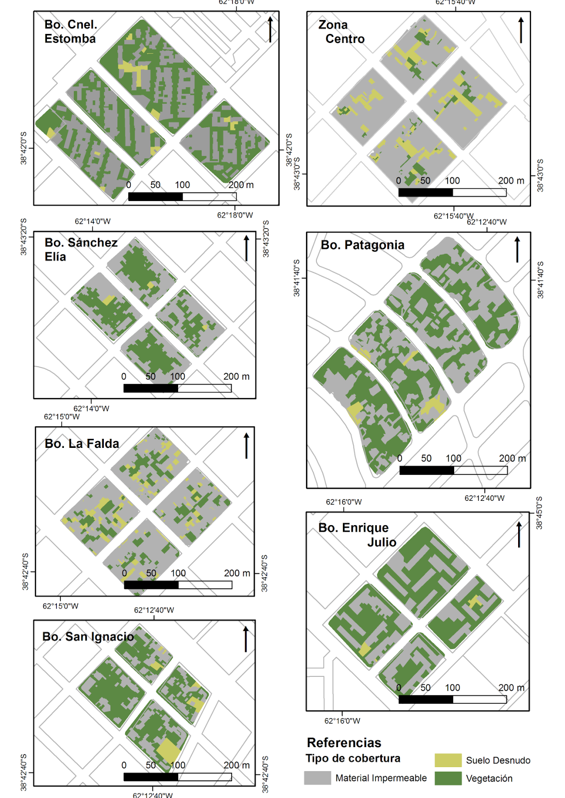 Distribución  de los tipos de cobertura de la superficie en los distritos analizados