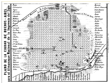 Plano
de las calles de la ciudad, ajustado al tamaño de una página. En Almanaque
Nacional y Guía del Comercio para 1870 (…), encuadernado contra la portada. Dimensiones: plegado: 15.3 x
10.8 cm; abierto: 15.30 x 21.6 cm.