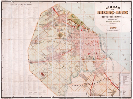 Ciudad de Buenos-Aires y Distrito Federal (1900) (publicado
por Pablo Ludwig,
cartógrafo, según los datos oficiales y observaciones propias). Dimensiones
72 x 95cm, escala 1:35000. Con clave cromática. https://catalogo.bn.gov.ar/F/?func=direct&doc_number=001285976&local_base=GENER