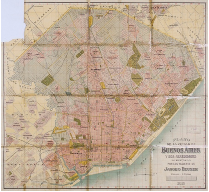 Plano de la Ciudad de Buenos Aires y sus alrededores, ejecutado por los Talleres de Jacobo Peuser(1912).
Dimensiones 80 x 87 cm, escala 1:25.000.

https://catalogo.bn.gov.ar/F/?func=direct&doc_number=001060240&local_base=GENER