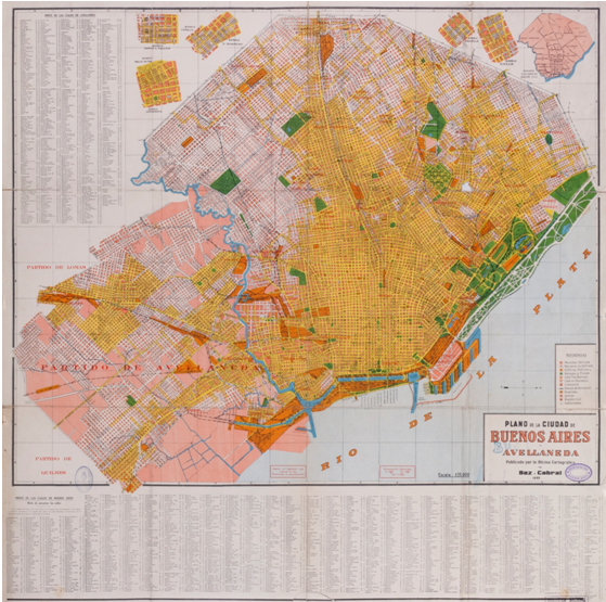 Plano de la Ciudad de Buenos Aires y Avellaneda,
Oficina Cartográfica de Baz y Cabral (1933). Litografía, dimensiones 54 x 67 cm, escala 1:35.000. Con clave
cromática.https://catalogo.bn.gov.ar/F/?func=direct&doc_number=000093002&local_base=GENER.