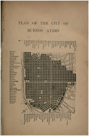 Plan
of the city of Buenos Ayres, en Mulhall 1892, p. 687.
Dimensiones 18 x 11,6 cm.