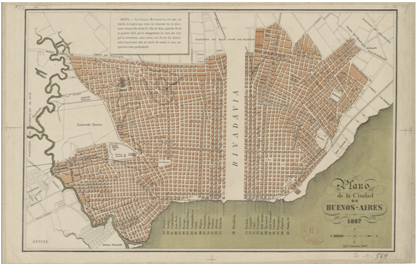 Plano
de la ciudad de Buenos Ayres, Pierre Chameau (1887). Dimensiones 25 x 40 cm. Sin
escala. Bibliothèque Nationale de France, GED-569. http://catalogue.bnf.fr/ark:/12148/cb40723444j