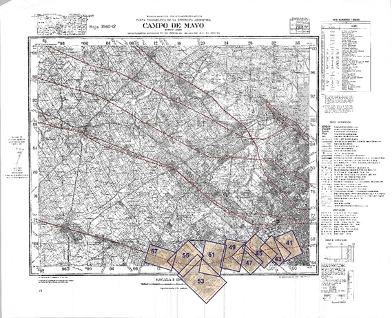 Fig. 3. Montaje de las  láminas 41 a 57 de Filcar sobre el  plano base del IGM, sección Campo de Mayo.