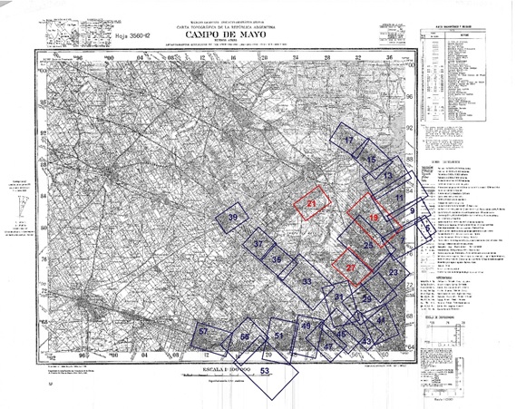 Fig. 4. Montaje de las  láminas Filcar sobre el plano base del IGM, sección Campo de Mayo.