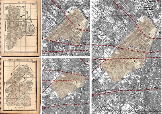 Fig. 7. Láminas Filcar  y detalle de montaje sobre un sector San Martín y Caseros, sobre el plano base  del IGM, sección Campo de Mayo