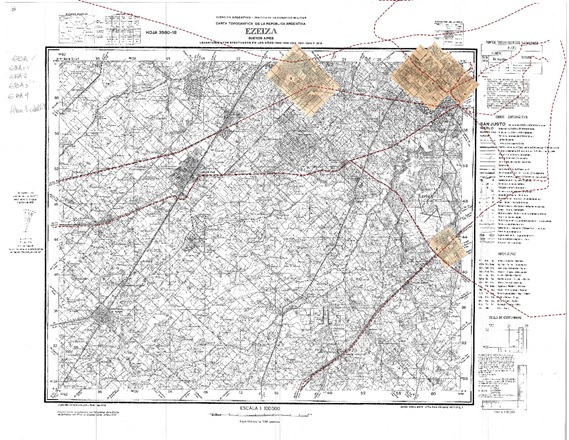 Fig. 9. Montaje de  las láminas Filcar sobre el plano base del IGM, sección Ezeiza.