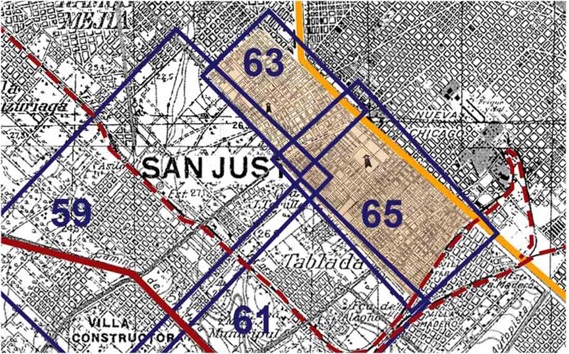 Fig. 10. Particularidad de las láminas 63 y 65 en el  plano base del IGM, sección Ezeiza.