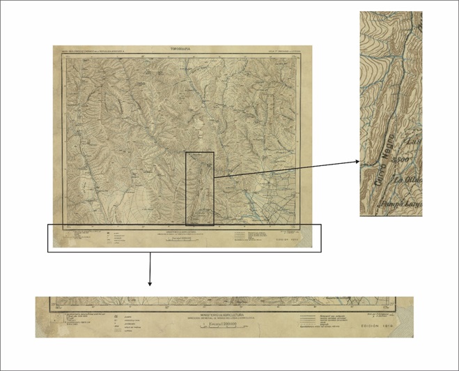 Hoja topográfica de la
DMGeH, con detalle de representación del relieve y leyenda antes de 1940