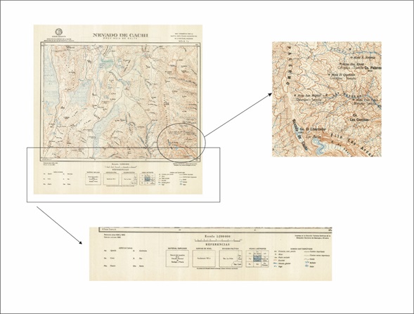 Hoja topográfica de la DMGeH
con detalle de representación del relieve y leyenda. Editada en octubre de
1960