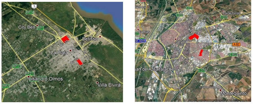 Localización de los ámbitos de estudio: las ciudades de Sevilla (España) y
La Plata (Argentina) y los casos de estudio