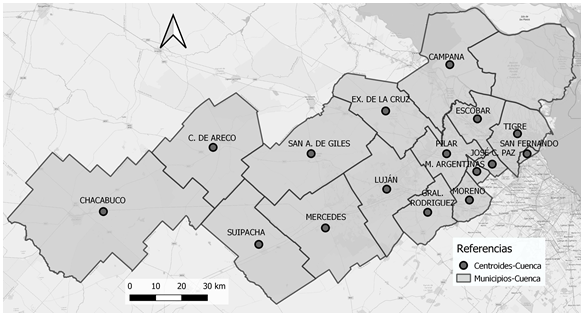 Municipios del área de
estudio (Centroides)