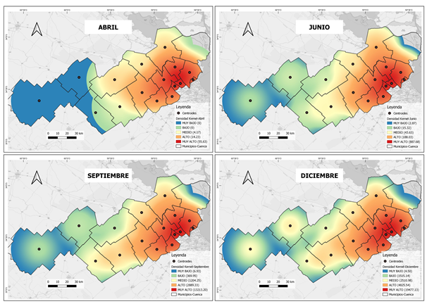 Evolución espacial de
densidades Kernel. Tasa de contagios de COVID-19