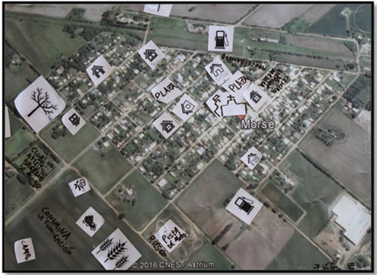 Mapeo colectivo sobre imagen satelital de Morse. Trabajo  de grupo de alumnos/as