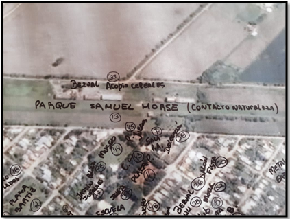 Mapeo colectivo sobre imagen satelital de Morse. Trabajo del grupo de madres