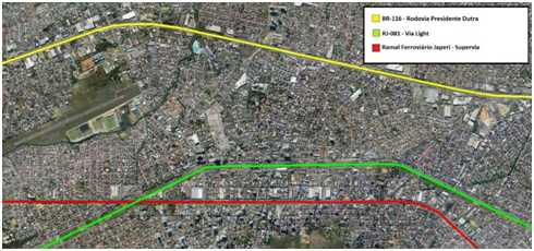 Principais vias de acesso que cortam a região central de Nova Iguaçu