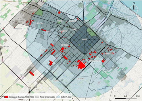 Intentos
de tomas de tierras en la Región del Gran La Plata entre 2000 y 2020, y su
distancia al casco urbano en relación con los radios de 5 km y 10 km