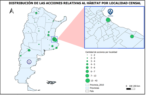 Distribución de acciones colectivas en torno a conflictos por el hábitat por
localidades. Argentina, 2021