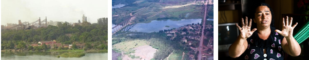 Piquiá de Baixo y las industrias al fondo; foto aérea de Piquiá,  la ruta y el ferrocarril a la izquierda; habitante de Piquiá con las  manos cubiertas con polvo de hierro