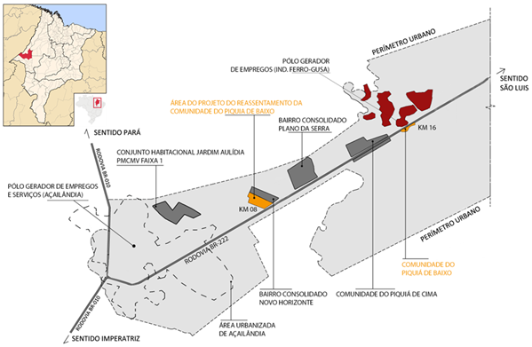 Ubicación de Açailândia en el estado de Maranhão, y mapeo con  ubicación de la comunidad de Piquiá de Baixo, de las industrias y  del área del proyecto.